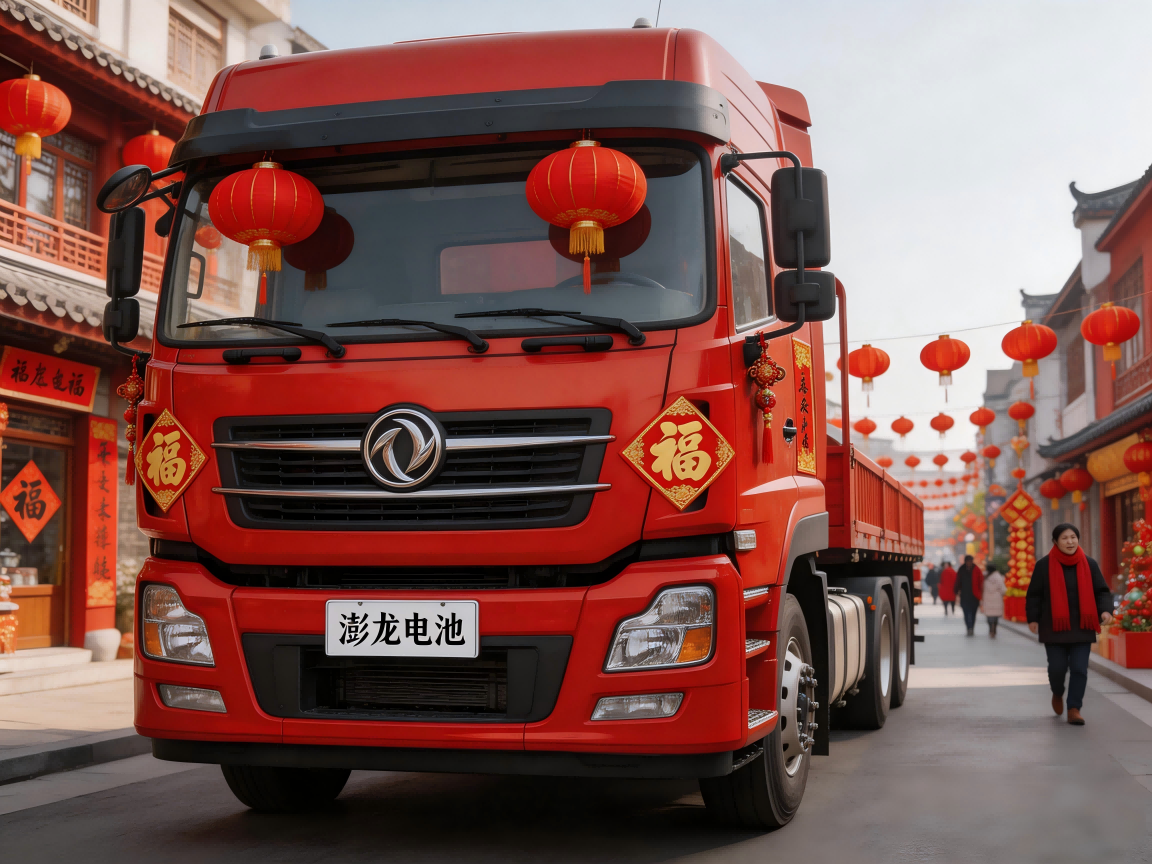 jimeng-2026-02-25-1355-红色卡车，车身带有新年装饰（红灯笼、春联、福字），停在充满新年氛围的街道，车头正...(1).png
